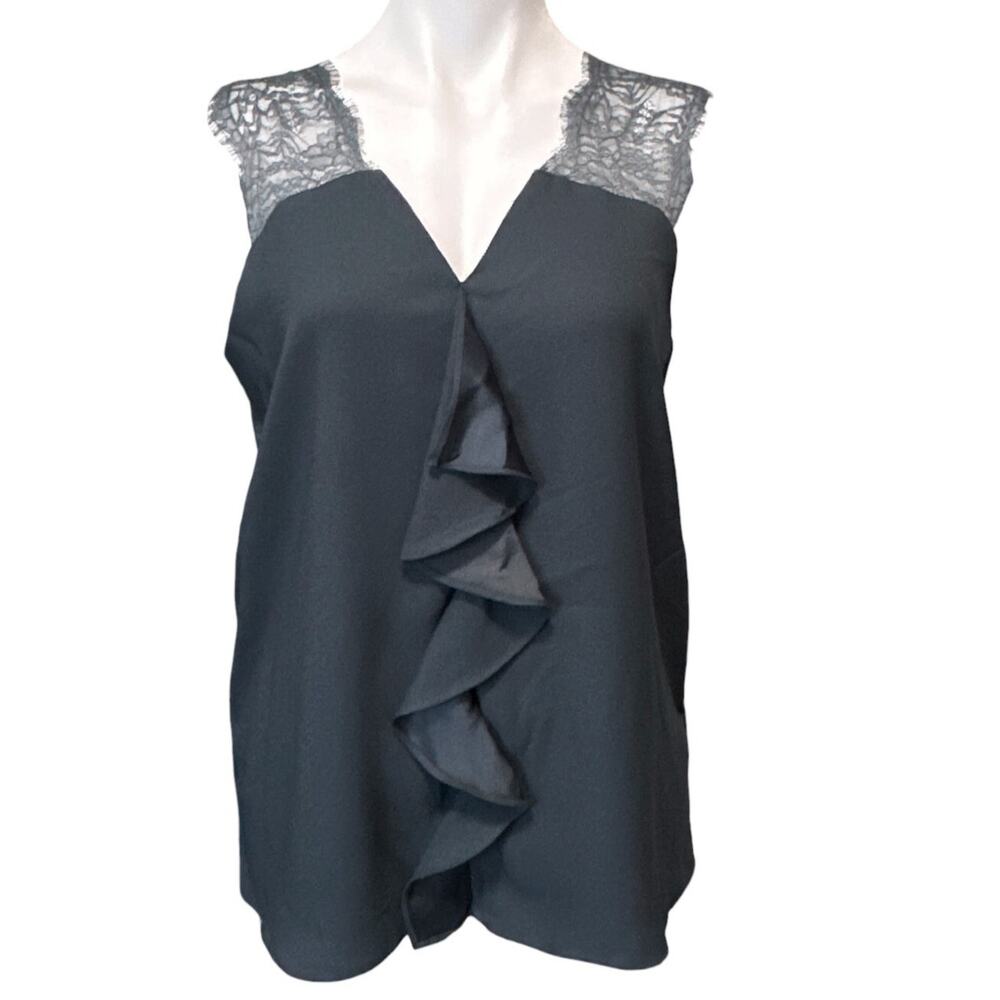 H Halston Tank Top Lace Trim Ruffle Front Sleeveless Top Blue Gray Women's Small